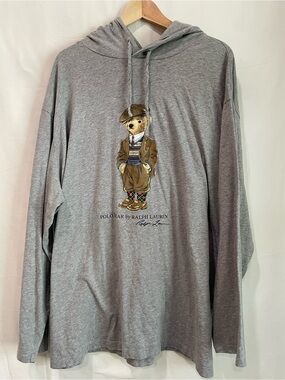 Ralph Lauren Polo Bear Preppy Hoodie Long Jersey Tee 3XLT Big Tall Gray Cotton